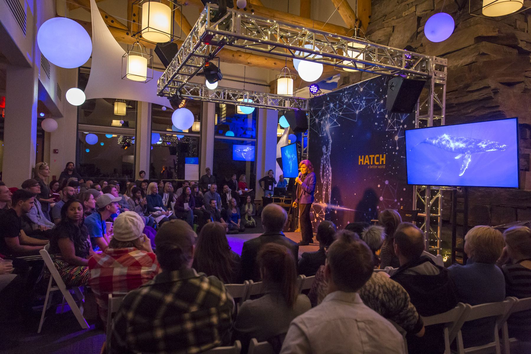 Sylvia Earle speaking to a HATCH audience seated close to a low stage, a whale on the screen behind her.